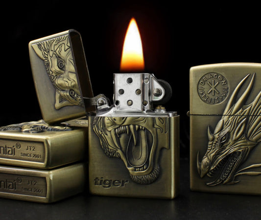 Bronze Animal Embossed Kerosene Lighter | Vintage Windproof Flip Top EDC Lighter