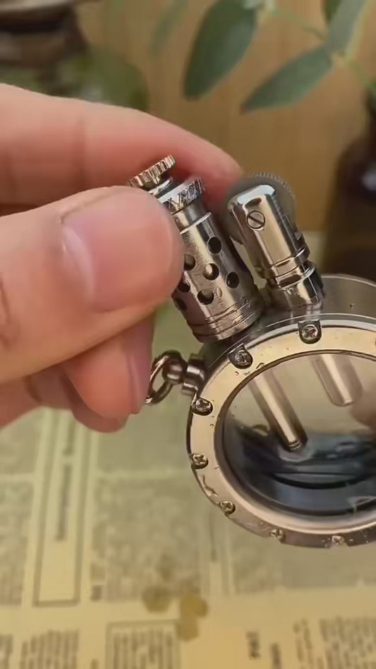Antique Pocket Watch Lighter | Vintage Brass Kerosene Oil Lighter with Transparent Fuel Tank & Chain