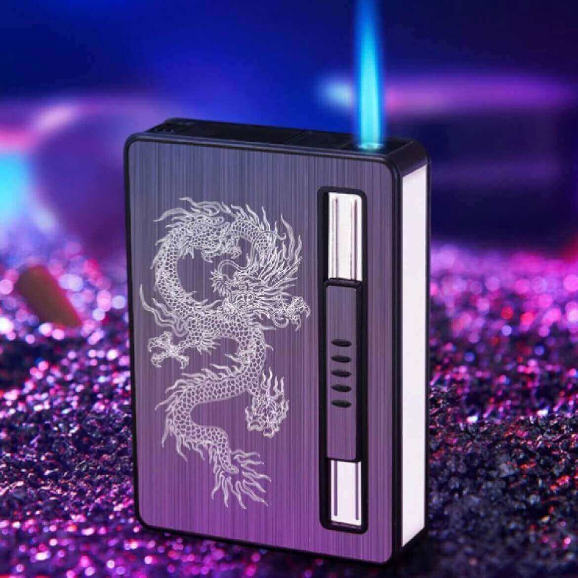Cigarette Case Lighter 10 Pack | Compact Cigarette Holder Box with Adjustable Flame Refillable Lighter
