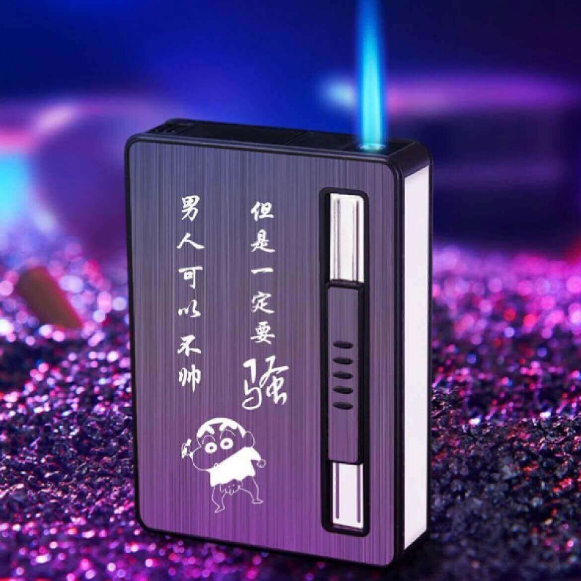 Cigarette Case Lighter 10 Pack | Compact Cigarette Holder Box with Adjustable Flame Refillable Lighter