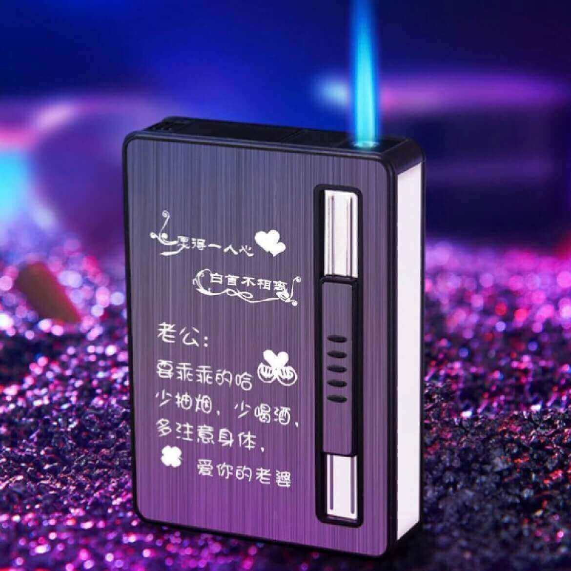 Cigarette Case Lighter 10 Pack | Compact Cigarette Holder Box with Adjustable Flame Refillable Lighter