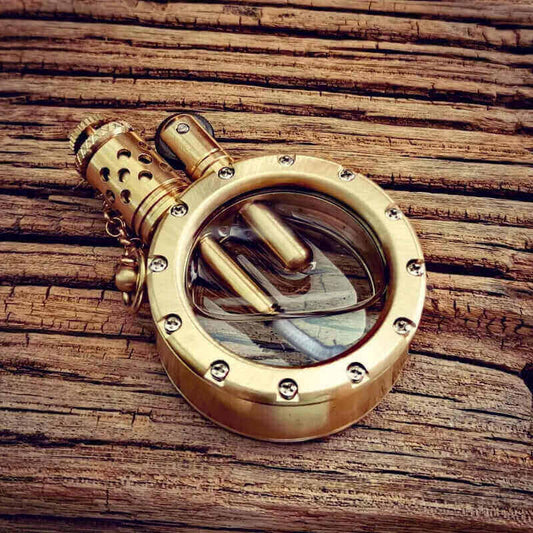Antique Pocket Watch Lighter | Vintage Brass Kerosene Oil Lighter with Transparent Fuel Tank & Chain