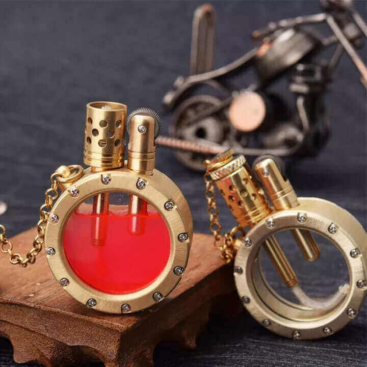 Antique Pocket Watch Lighter | Vintage Brass Kerosene Oil Lighter with Transparent Fuel Tank & Chain