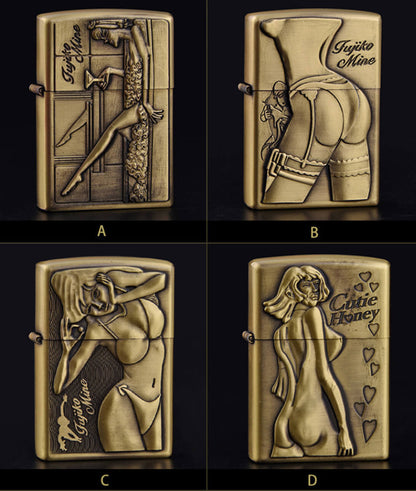 Bronze Embossed Wild Girl Kerosene Lighter | Vintage Windproof Flip Top EDC Lighter
