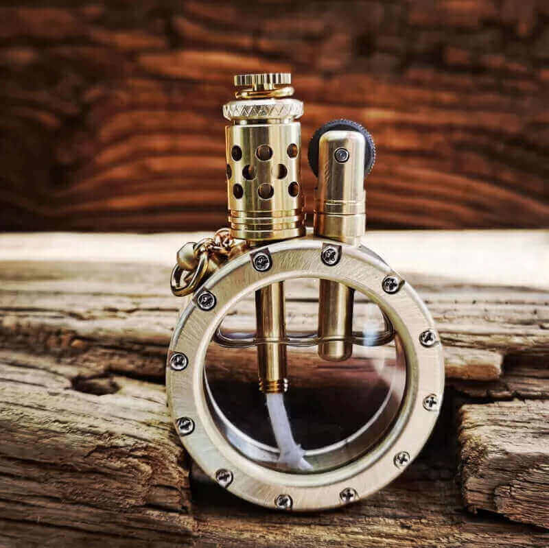 Antique Pocket Watch Lighter | Vintage Brass Kerosene Oil Lighter with Transparent Fuel Tank & Chain